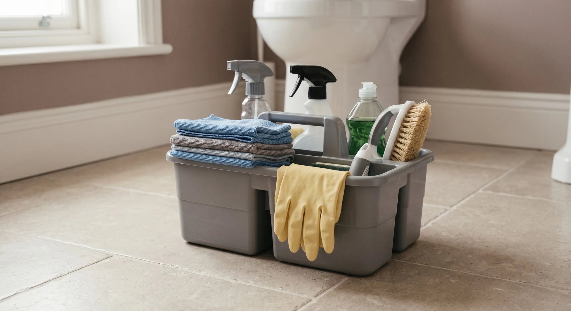 Illustration: a cleaning caddy with spray bottles, microfiber cloths, a brush and yellow gloves on a bathroom floor