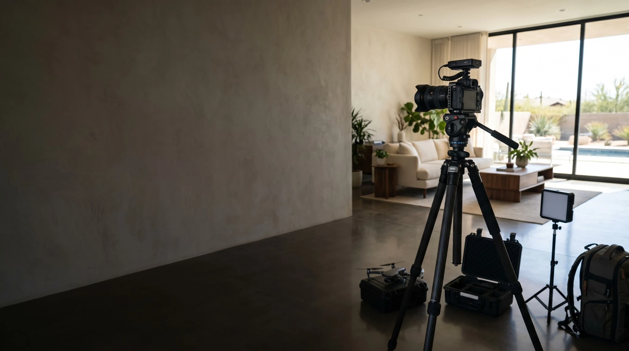 Illustration: a camera on a tripod, a folded drone and a small LED light, set up in a bright, empty living room for a listing shoot