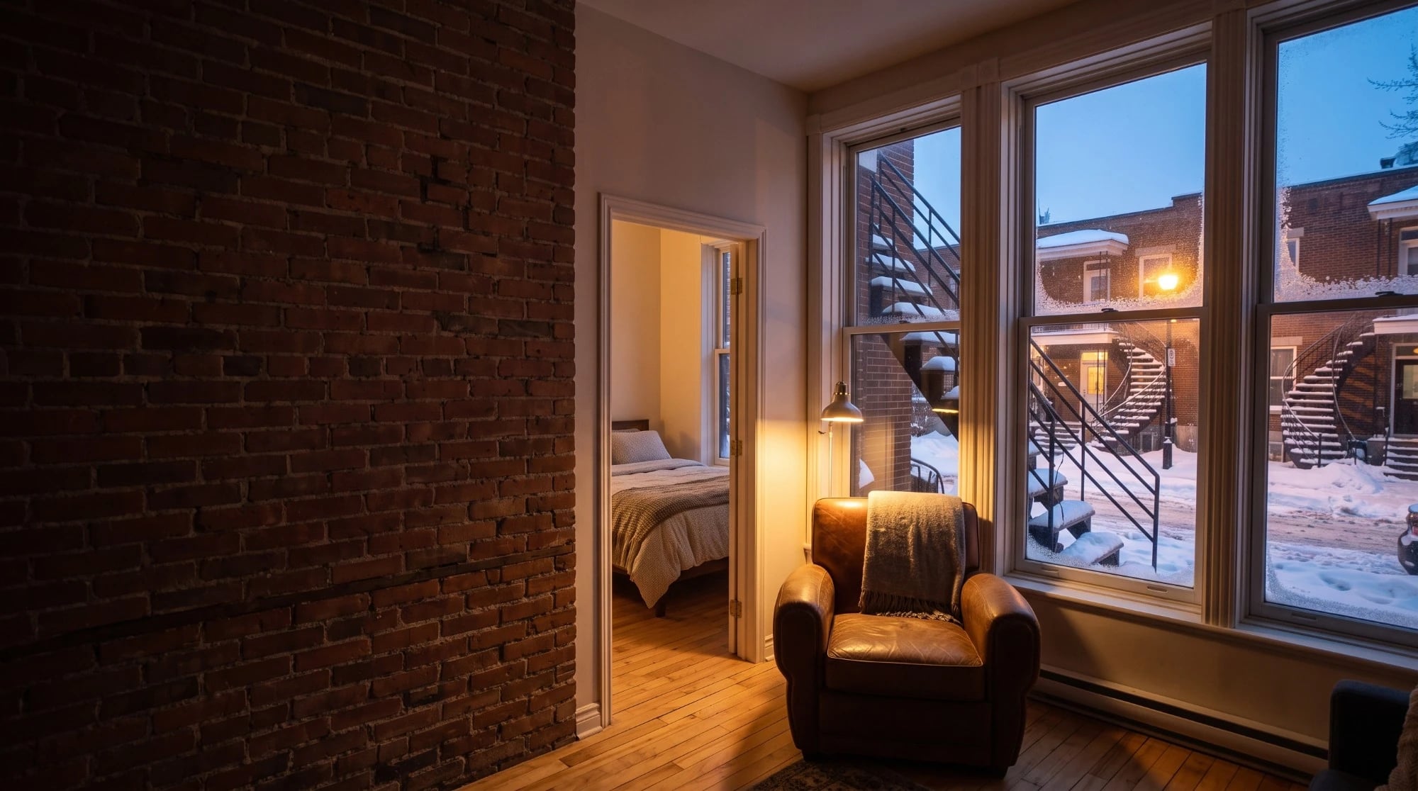 Illustration: a furnished Plateau apartment in Montréal at blue hour, with a brick wall, an armchair and outdoor spiral staircases seen through the windows