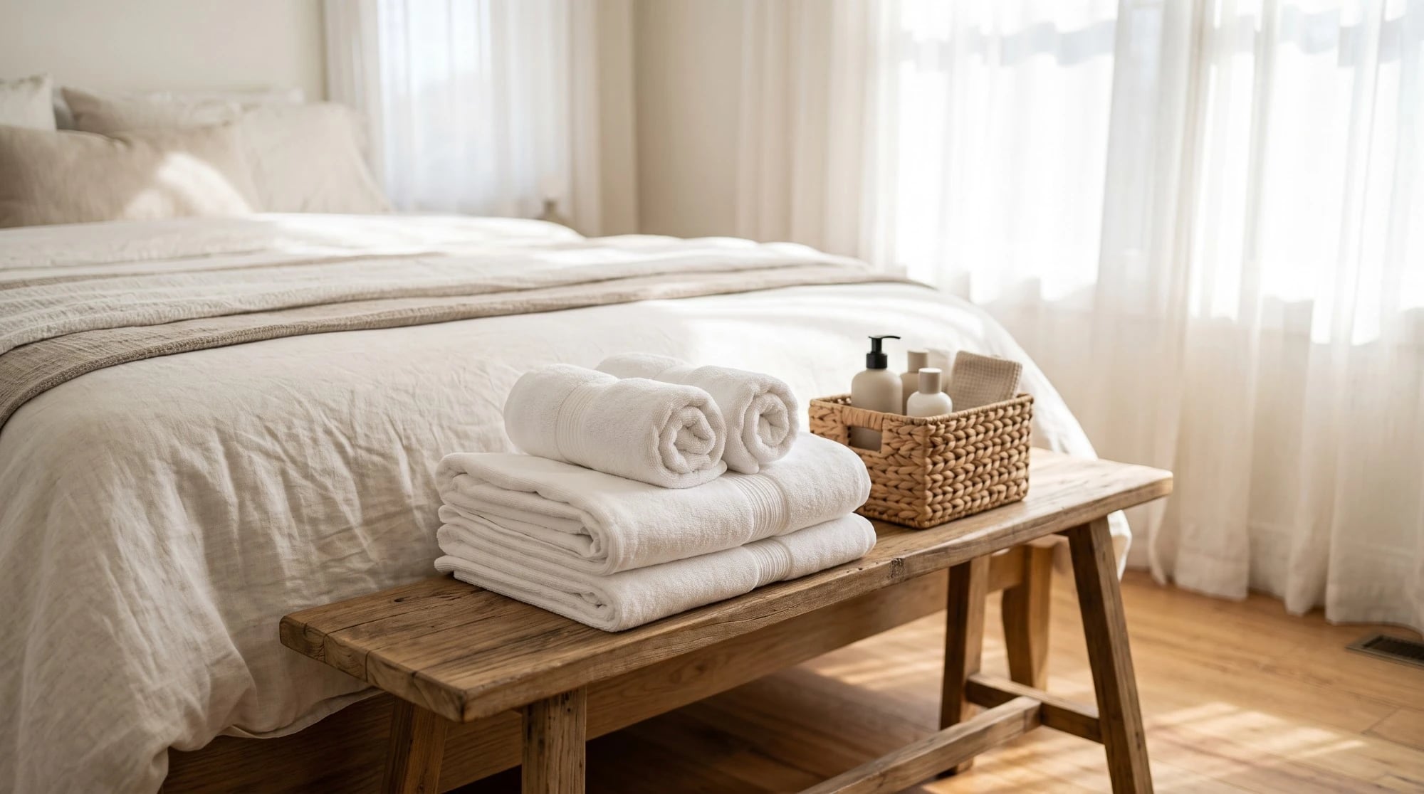 Illustration: fresh white linens and rolled towels stacked on a bench at the foot of a made bed