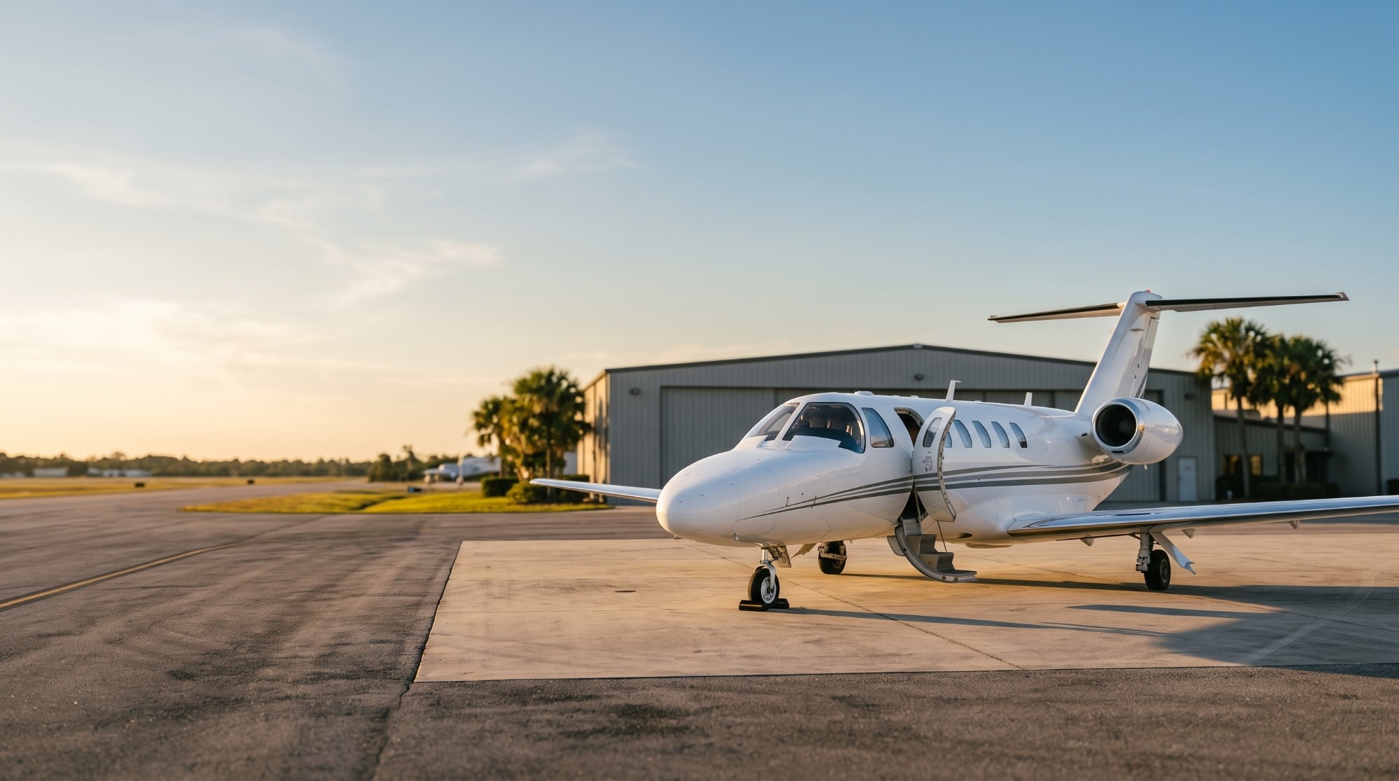 Illustration: a light business jet on an airport ramp at golden hour, airstair door open