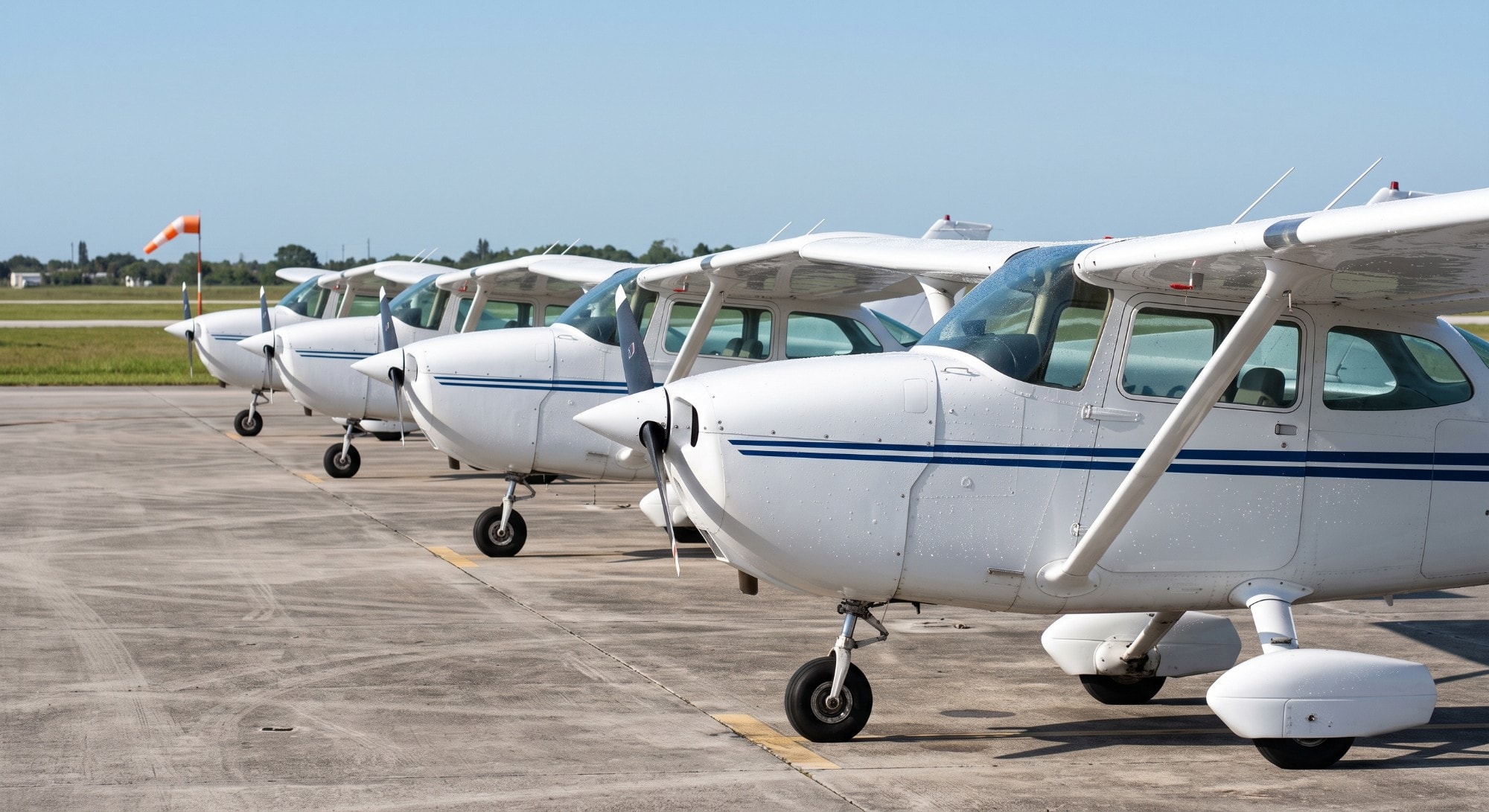 Illustration: a row of single-engine training aircraft on a sunny apron