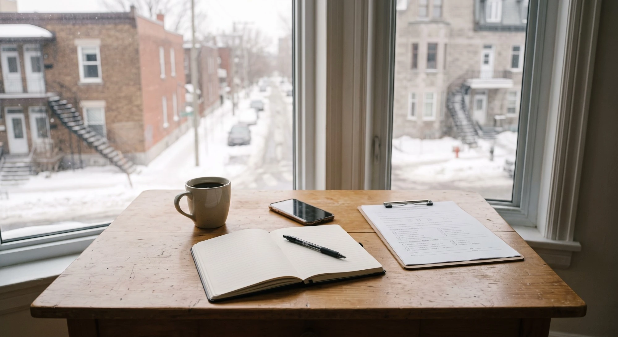 Illustration: a notebook, a coffee and a checklist on a clipboard, by a window over a snowy street
