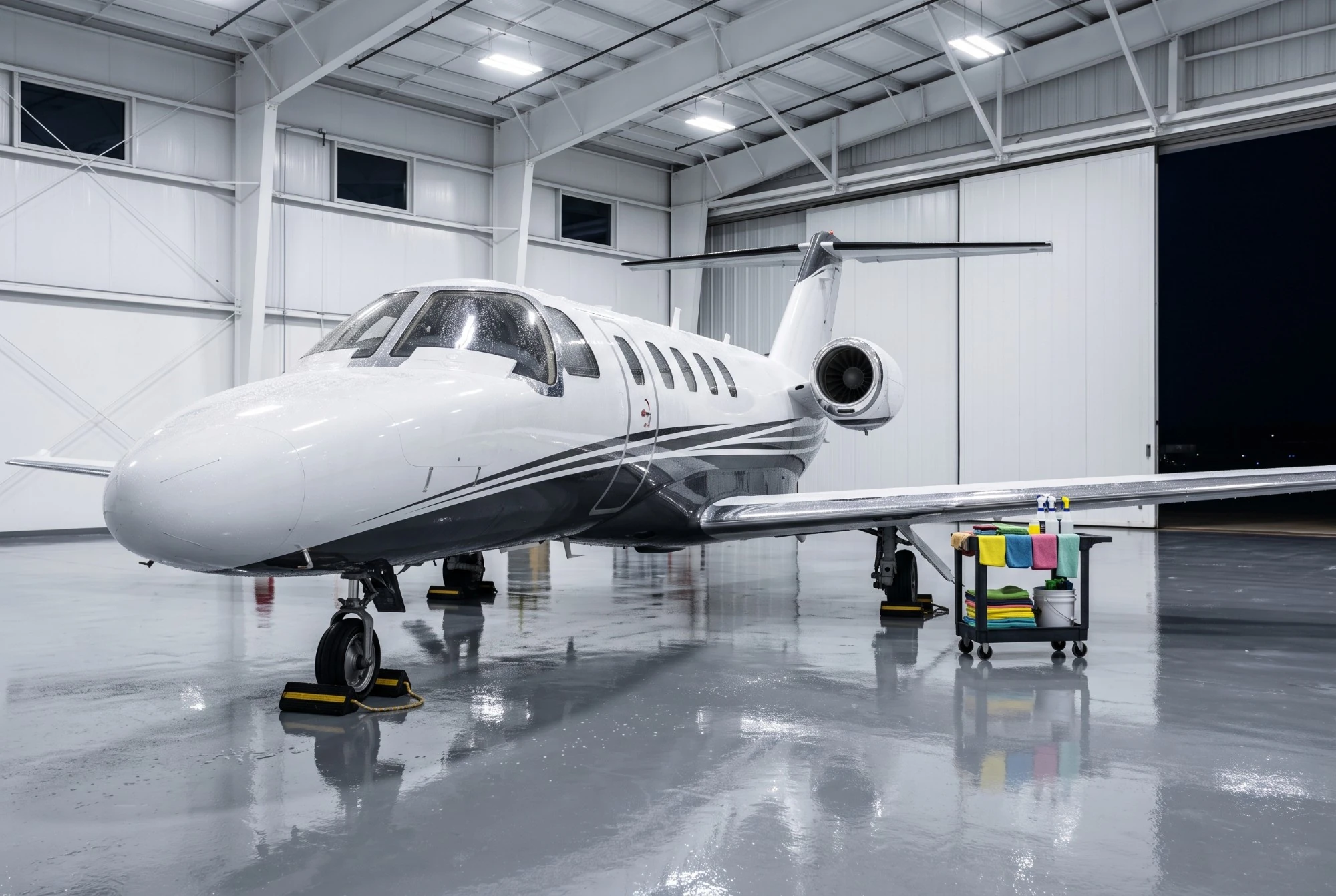 Illustration: a white light jet in a bright hangar on a wet, shiny floor, with a cart of cleaning supplies by the wing