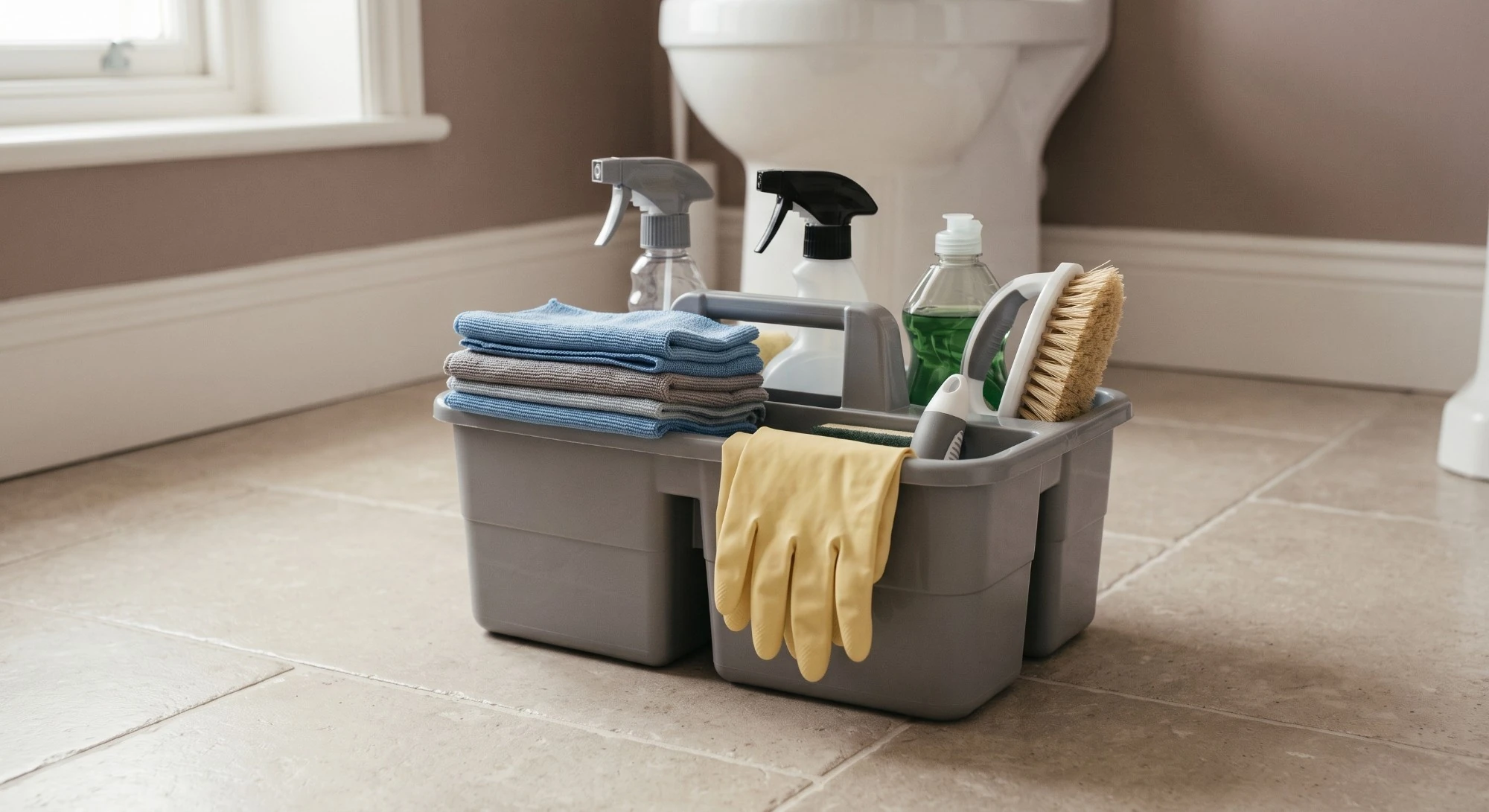 Illustration: a cleaning caddy with spray bottles, microfiber cloths, a brush and yellow gloves on a bathroom floor