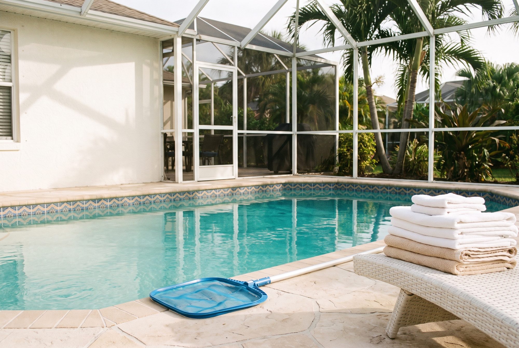 Illustration: a pool with a skimmer net and folded towels on a lounger