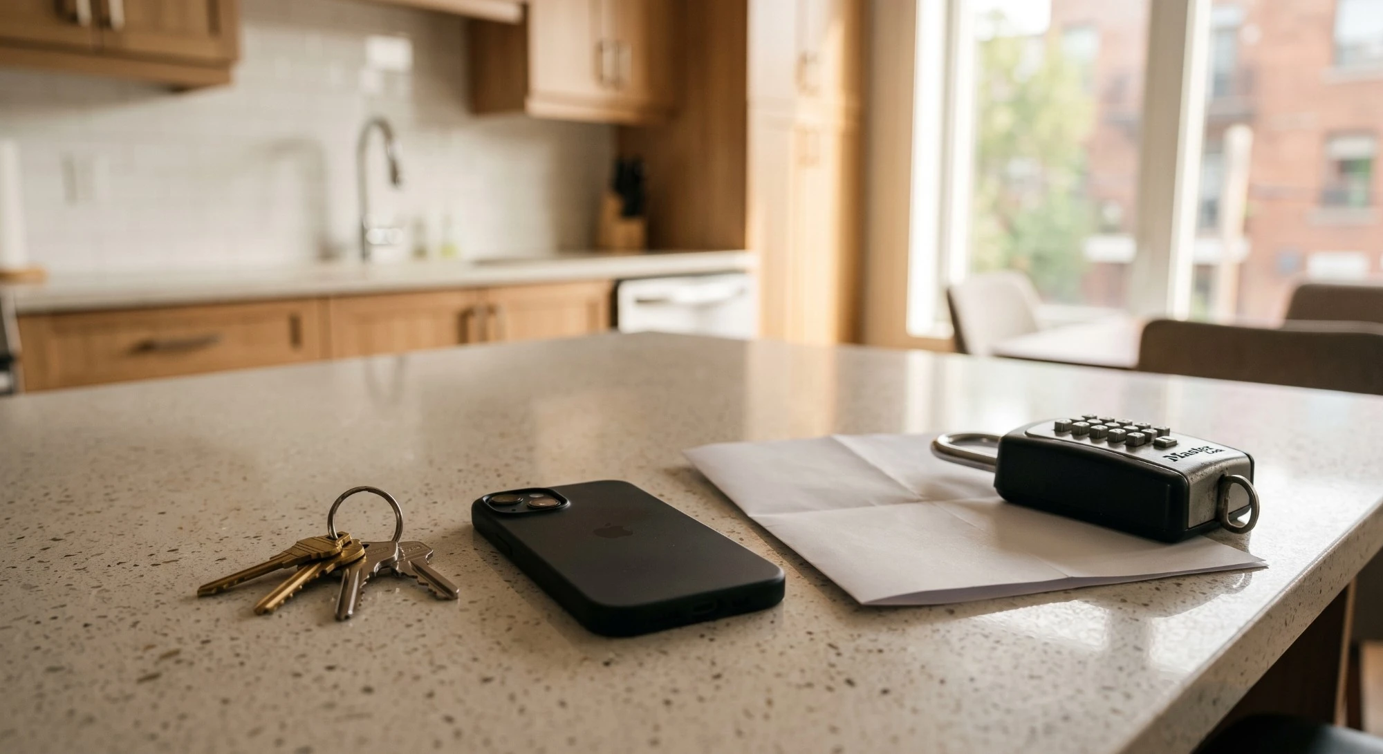 Illustration: a set of keys on a speckled kitchen counter