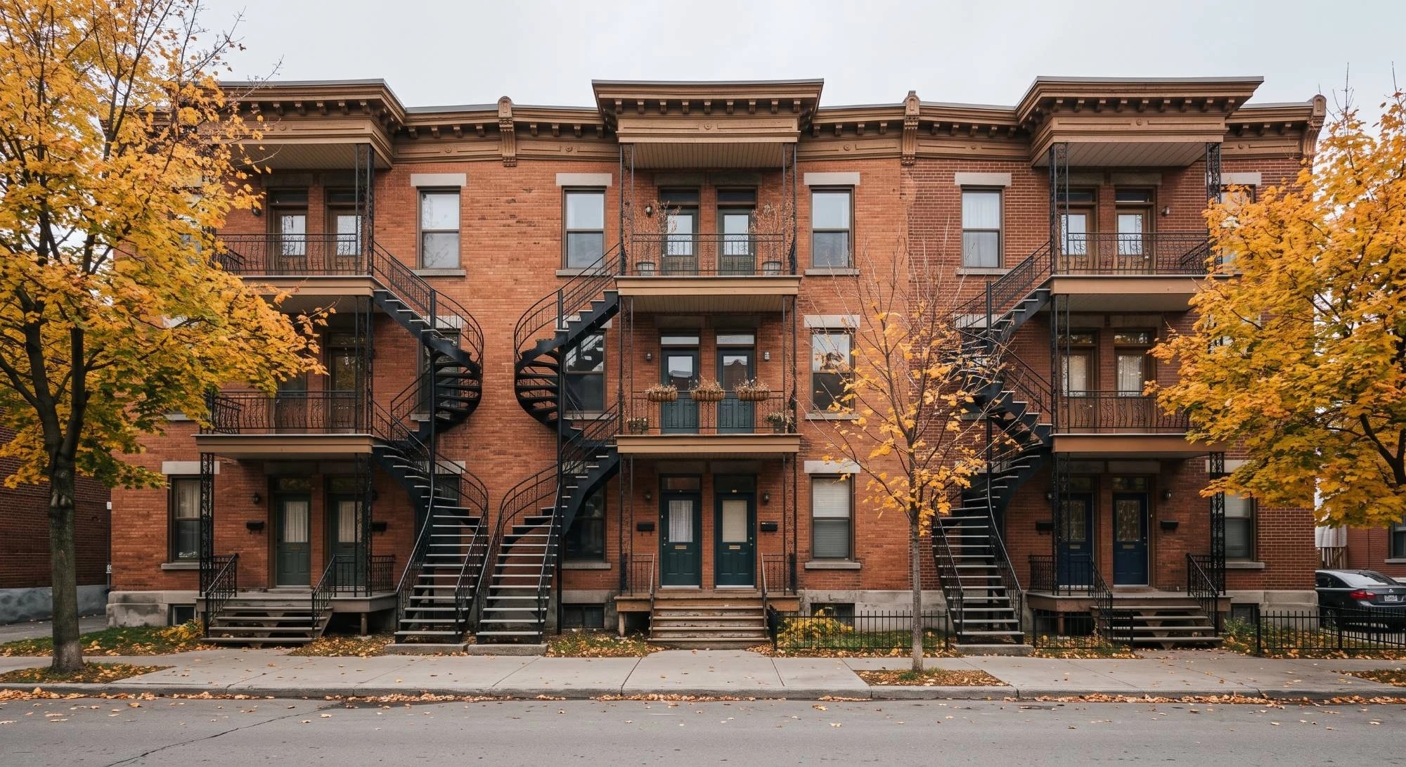 Illustration: a brick triplex with exterior spiral staircases and autumn trees