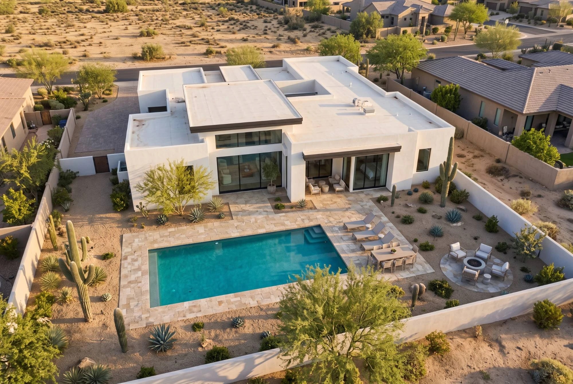 Illustration: a drone view of a desert vacation home with a pool, a patio, a fire pit and cacti