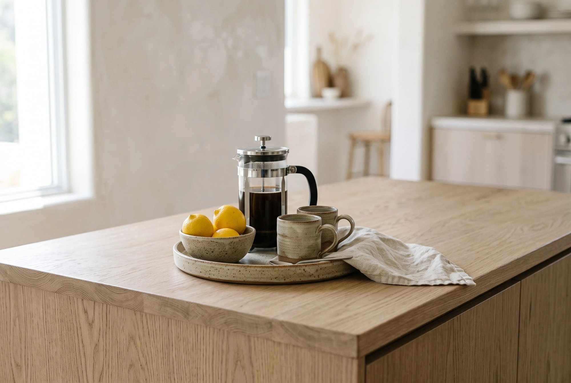 Illustration: a light oak kitchen island with a French press, two mugs and a bowl of lemons on a tray