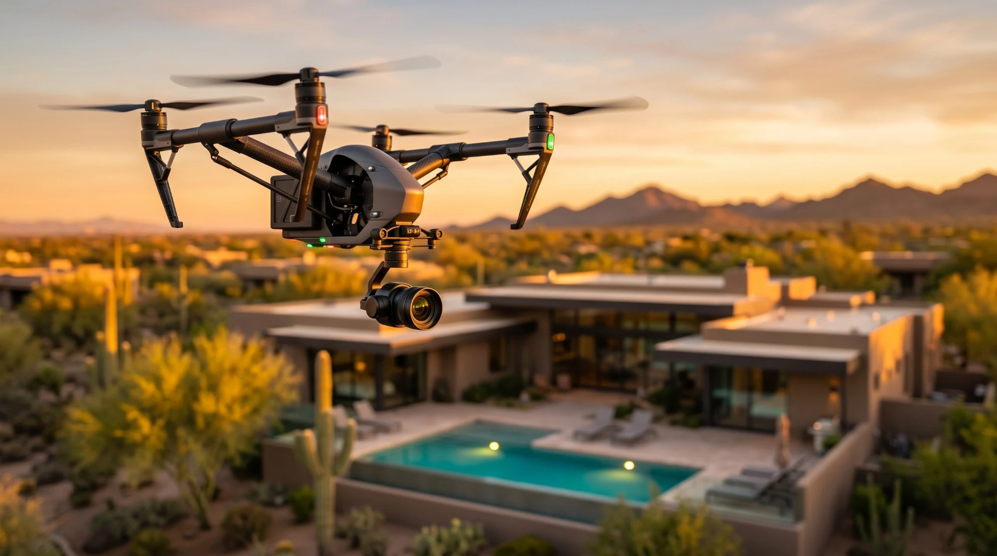 Illustration: a camera drone hovering in front of a single-story desert home with a pool at golden hour