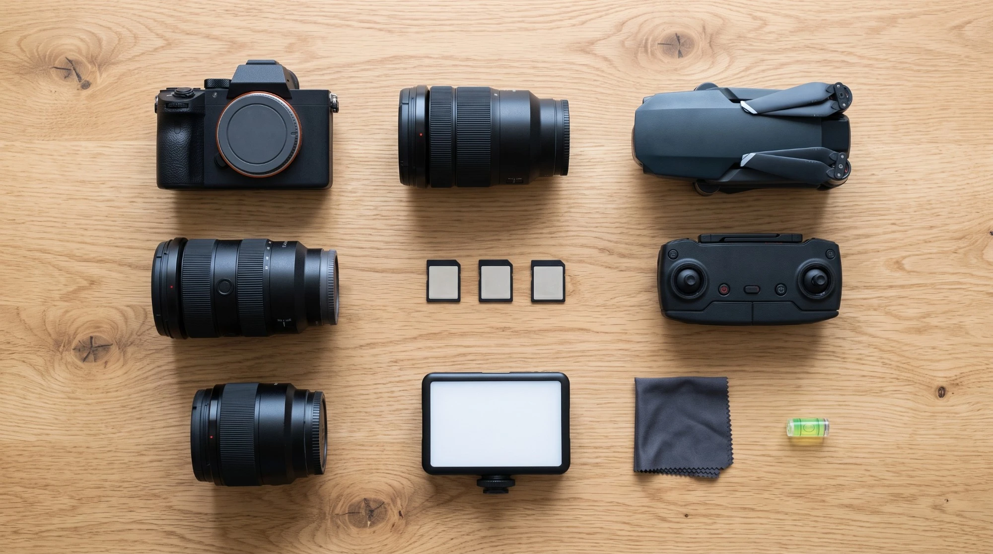 Illustration: a real estate photographer's kit laid out on an oak table: camera, lenses, a folded drone, memory cards and a small LED panel