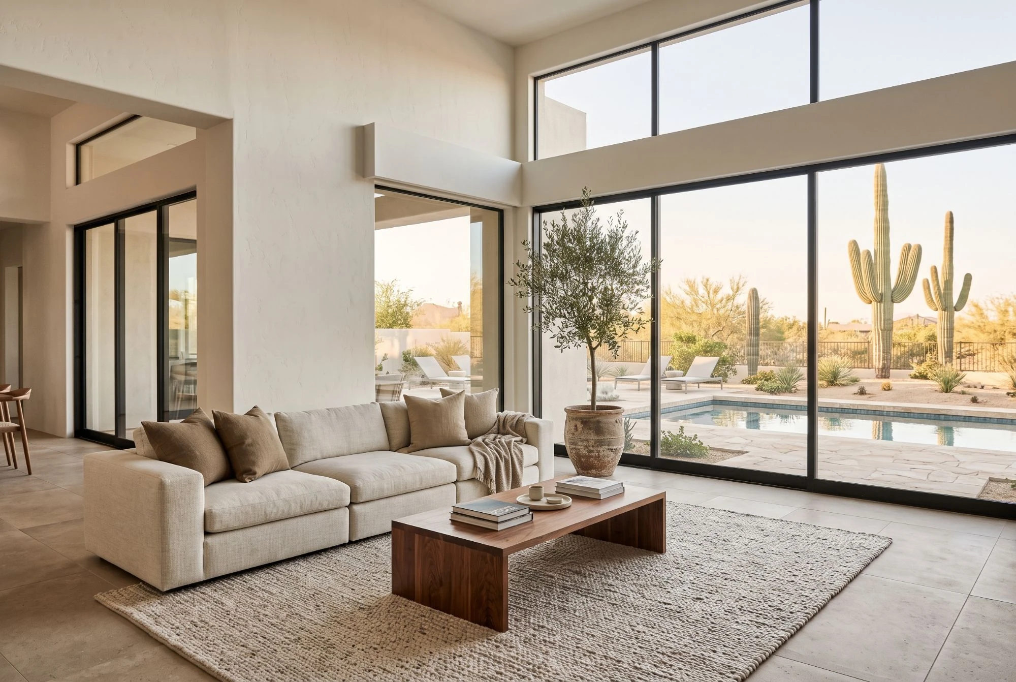Illustration: a bright living room in a desert home, with a cream sofa, a walnut coffee table and saguaro cacti seen through tall windows