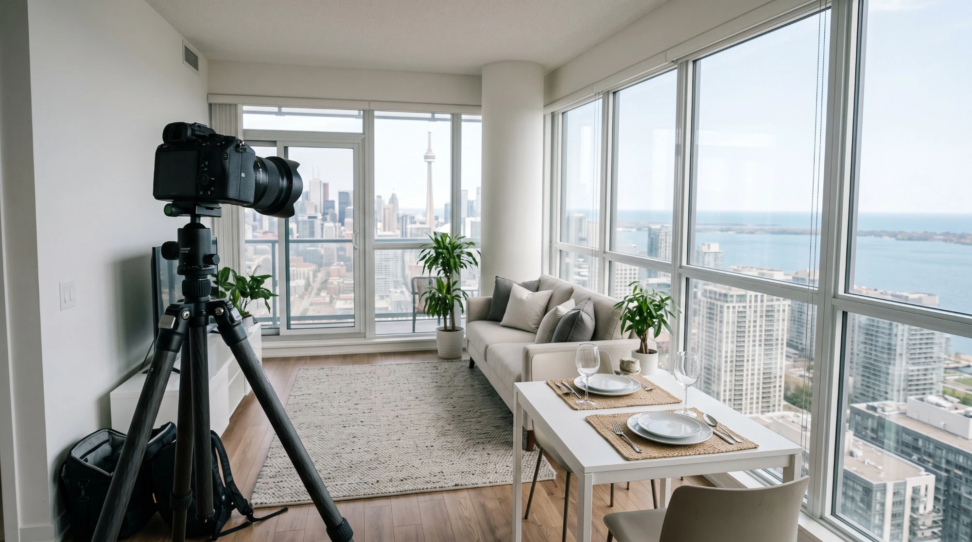 Illustration: a camera on a tripod in a staged downtown Toronto condo, facing windows onto the skyline and the lake