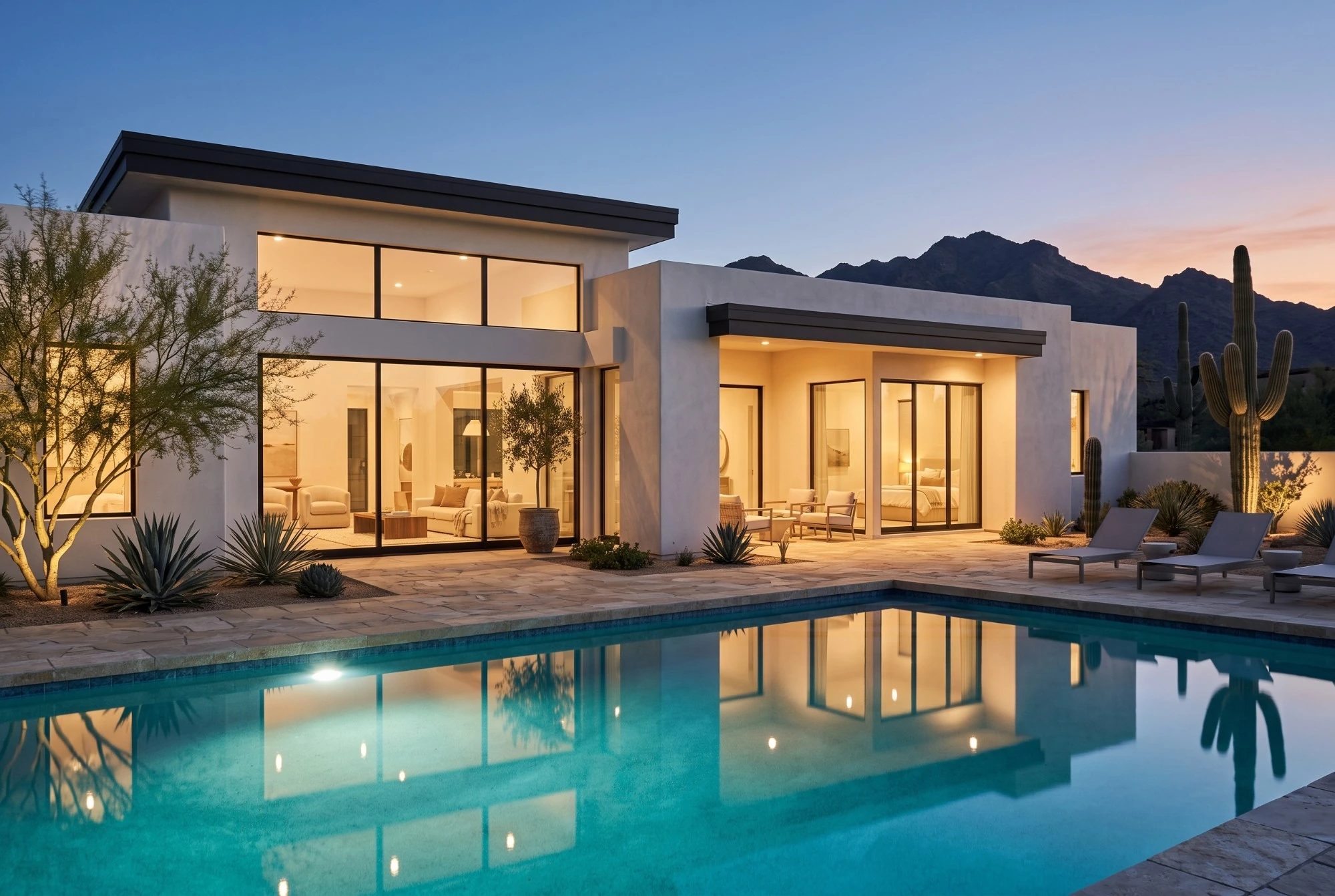 Illustration: a single-story desert home at dusk, windows lit, a pool in front and mountains behind