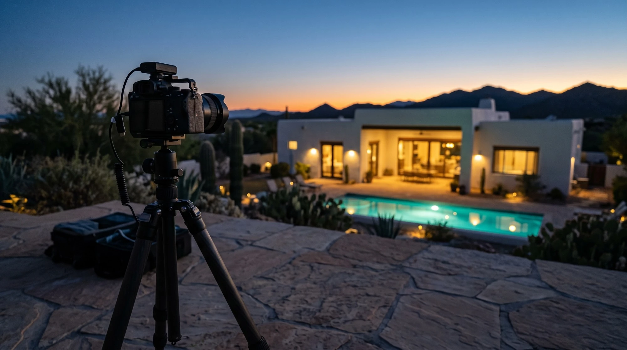 Illustration: a camera on a tripod on a patio at dusk, aimed at a lit desert home and its pool