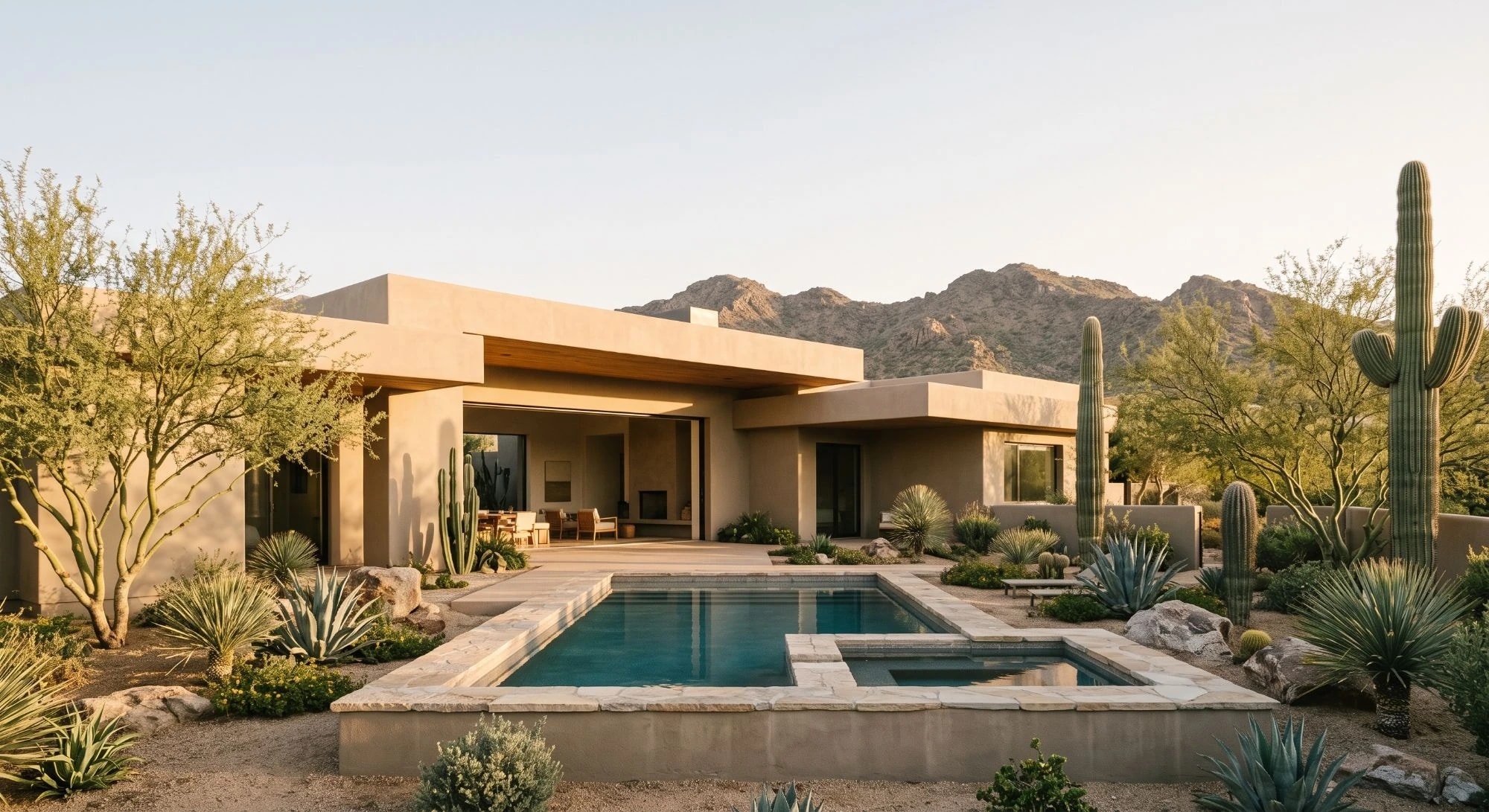Illustration: a flat-roofed desert home with a pool, saguaro cacti and mountains behind it