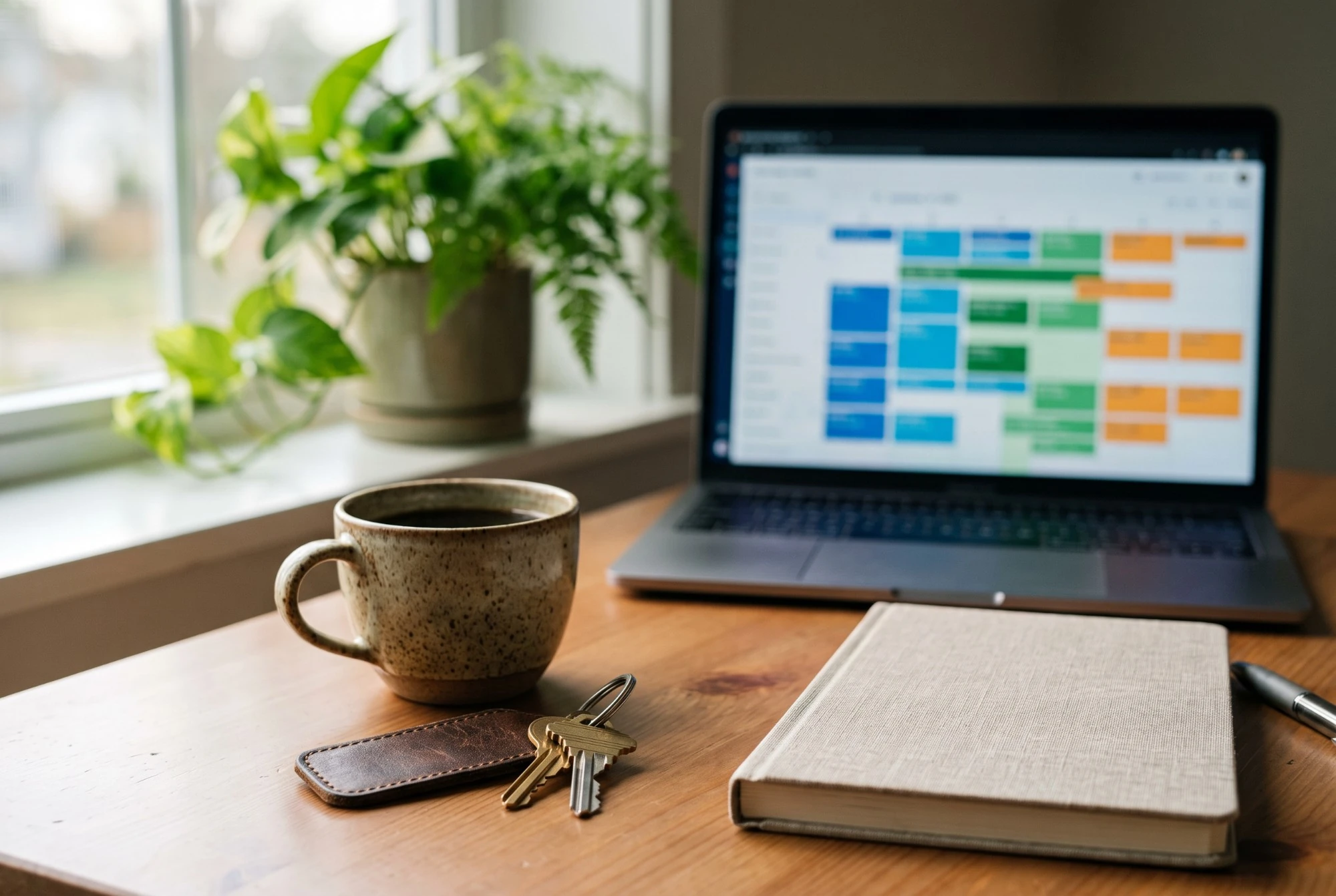 Illustration: a desk with a coffee mug, house keys on a leather tag, a notebook and a laptop showing a blurred calendar
