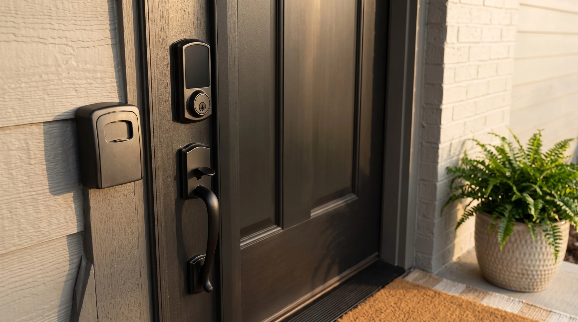 Illustration: a rental front door with a black smart lock with a blank keypad, a wall key lockbox, a doormat and a plant
