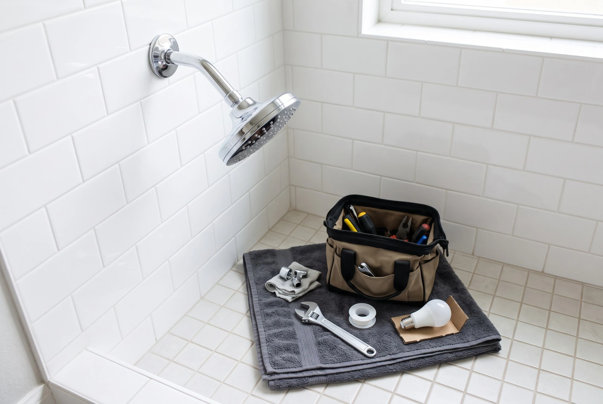Illustration: an open tool bag with a wrench and a spare bulb on a towel, under a new chrome shower head