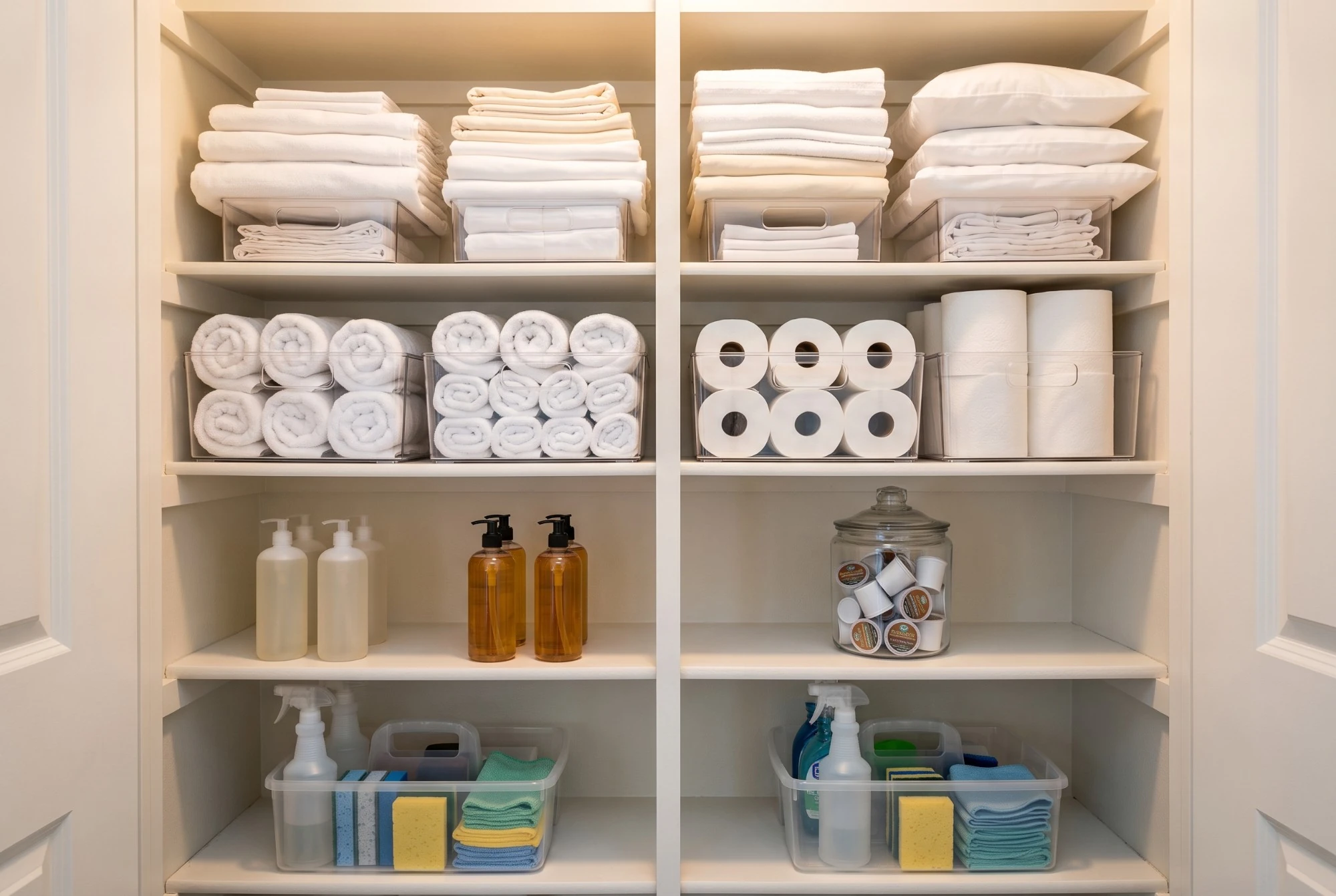 Illustration: a supply closet with stacked towels, sheets, toilet paper, refill bottles and coffee pods