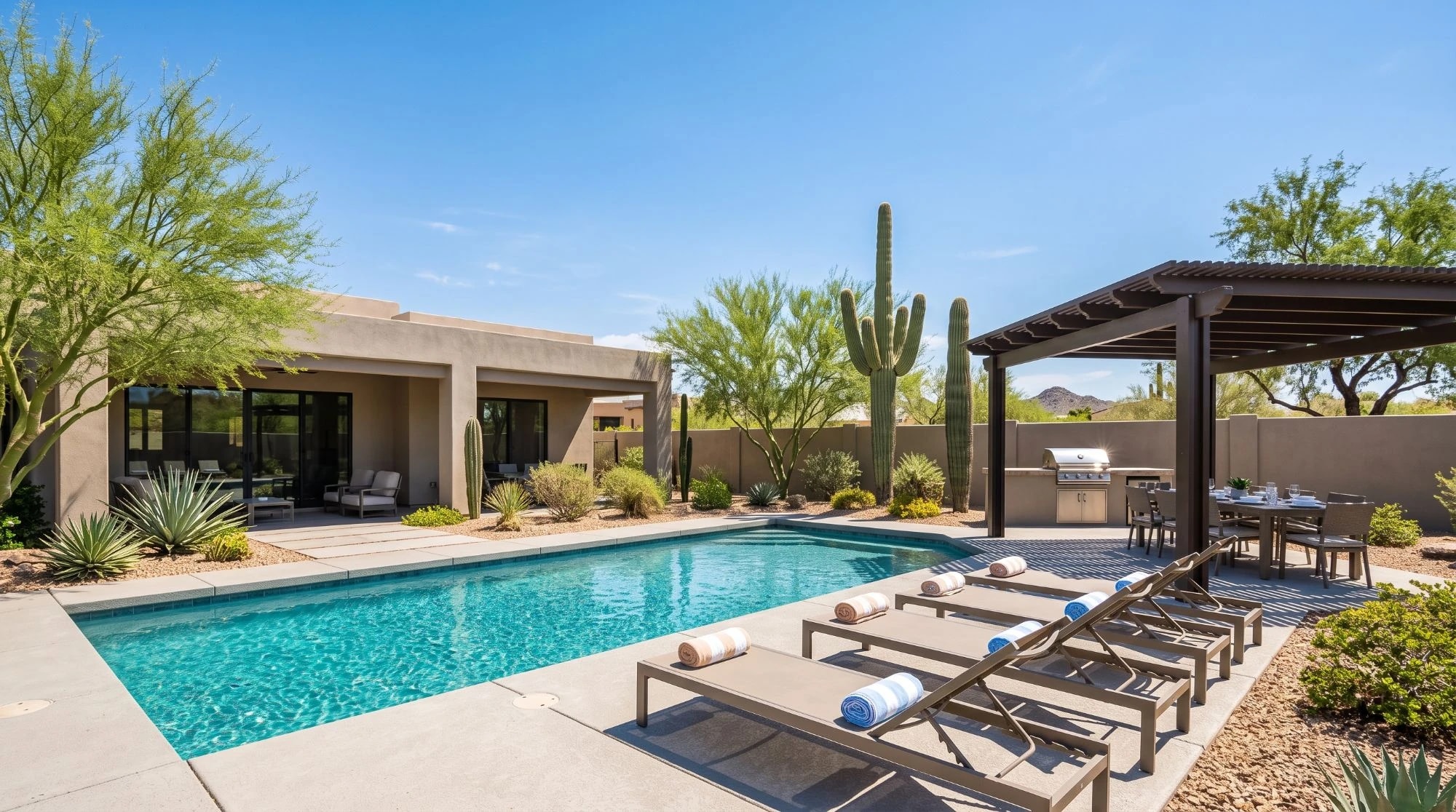 Illustration: a guest-ready desert backyard with a pool, four loungers with rolled towels, a pergola and saguaros