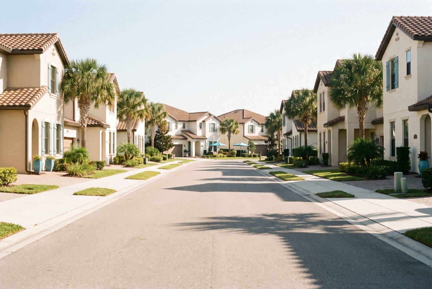 Illustration: a residential street with two-story stucco homes and palm trees