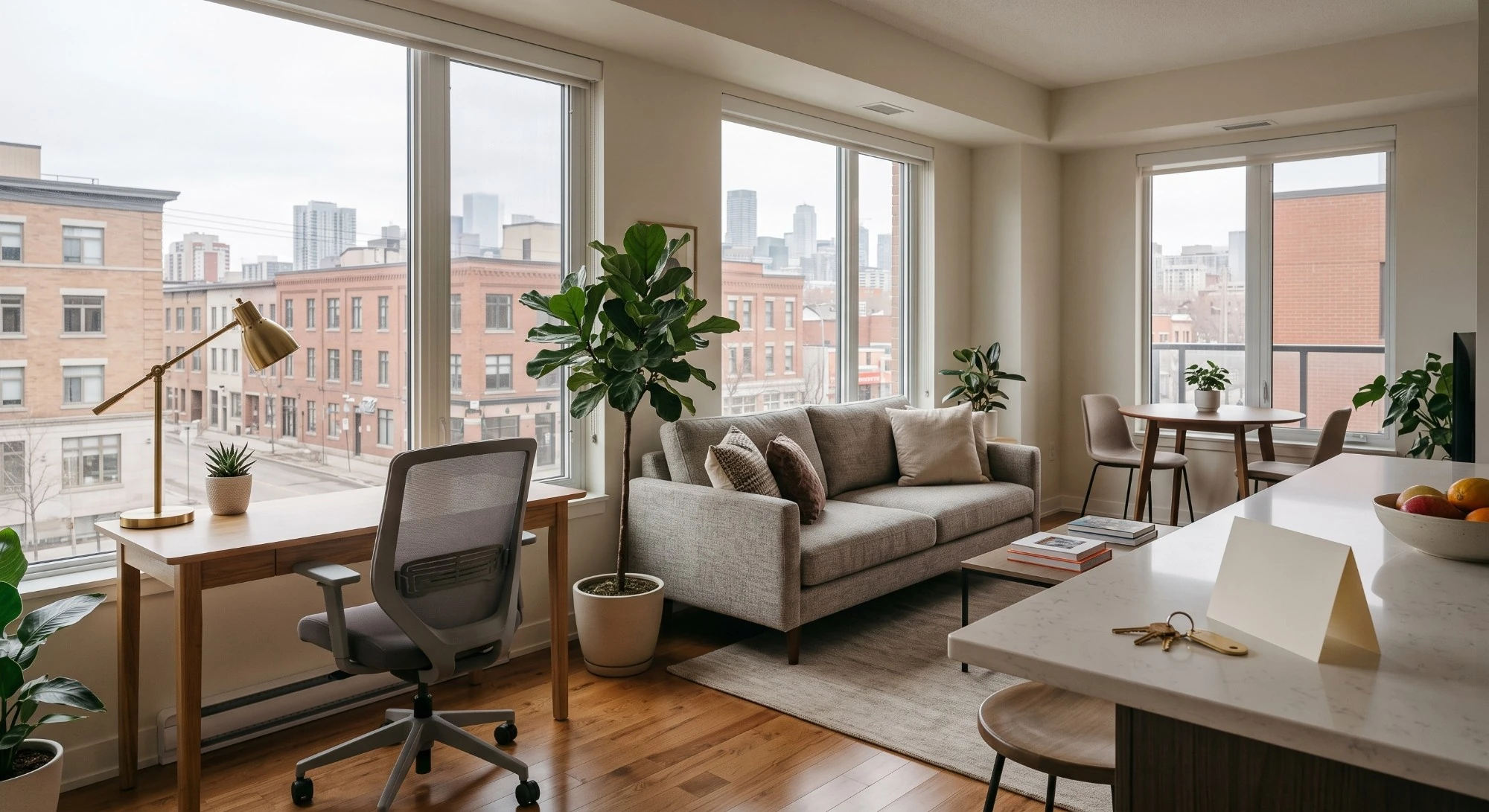 Illustration: a furnished city apartment with a desk, a sofa and a set of keys on the counter