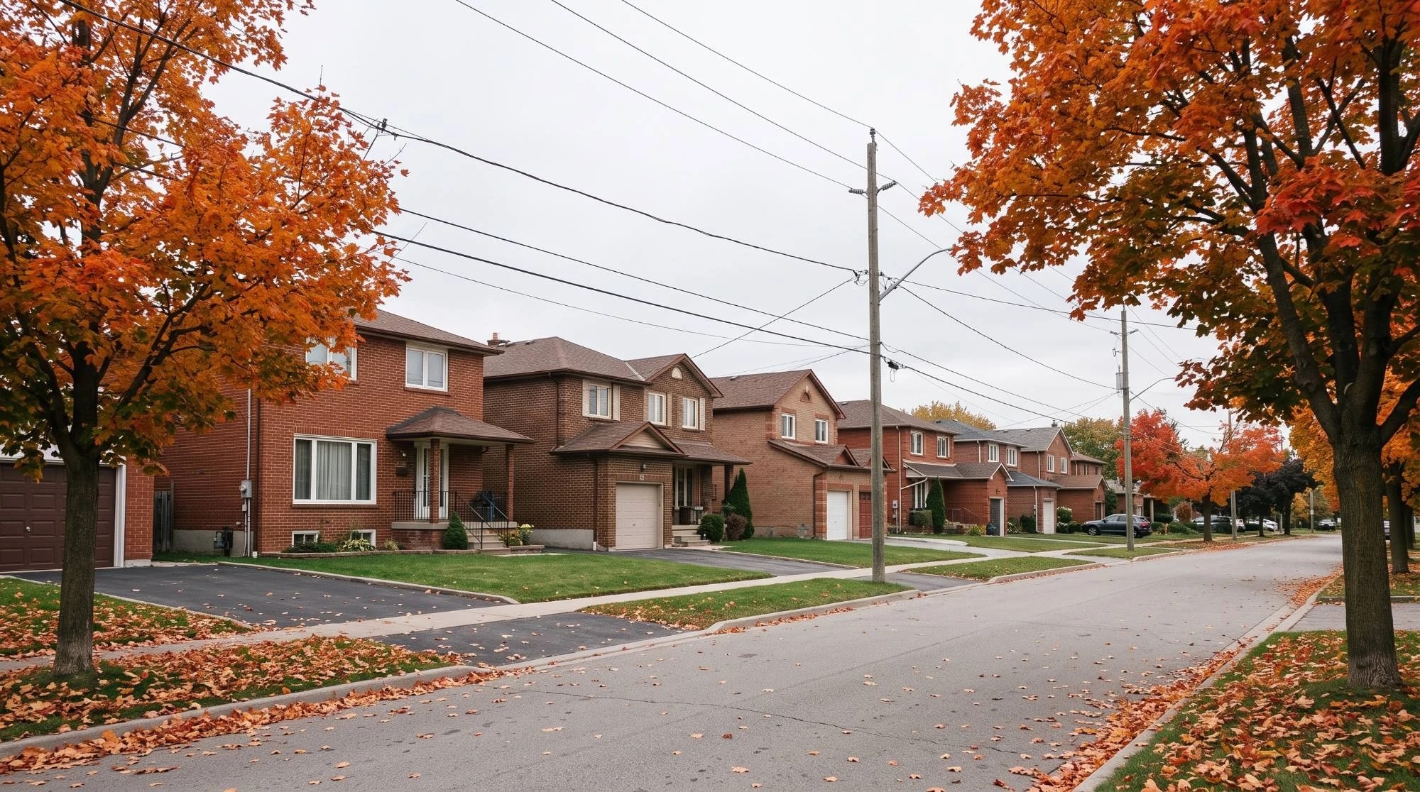 Illustration: a suburban street of brick houses under orange autumn maples