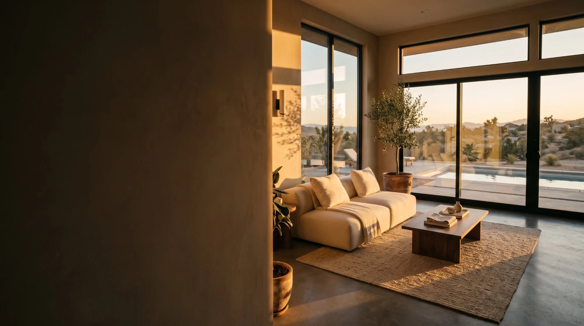 Illustration: a staged rental living room at golden hour, with a cream sofa, a walnut coffee table, an olive tree and a pool seen through tall windows