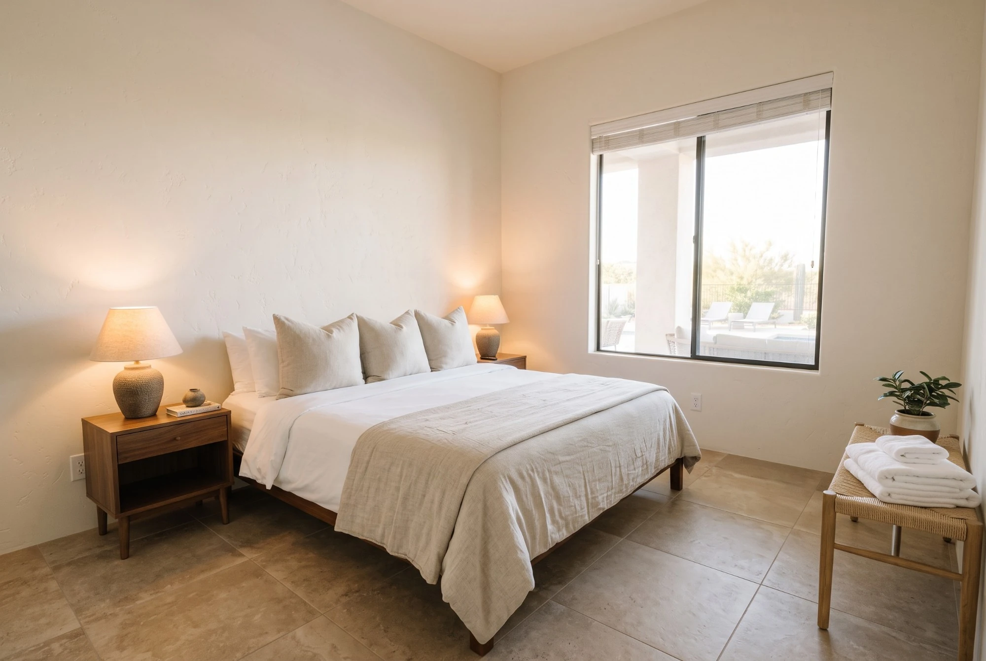 Illustration, after: the same bedroom staged, with white bedding, plumped pillows, both lamps on and folded towels on a bench