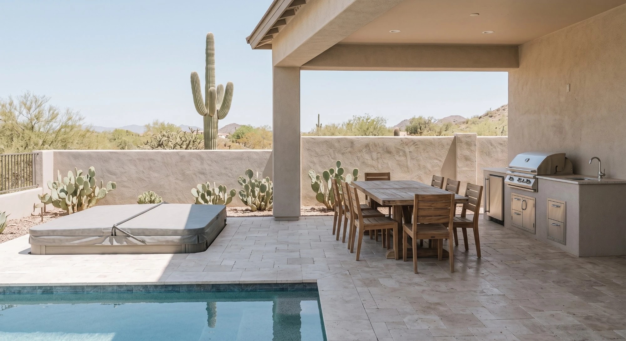 Illustration: a covered patio with a dining table, an outdoor kitchen, a covered hot tub and a pool